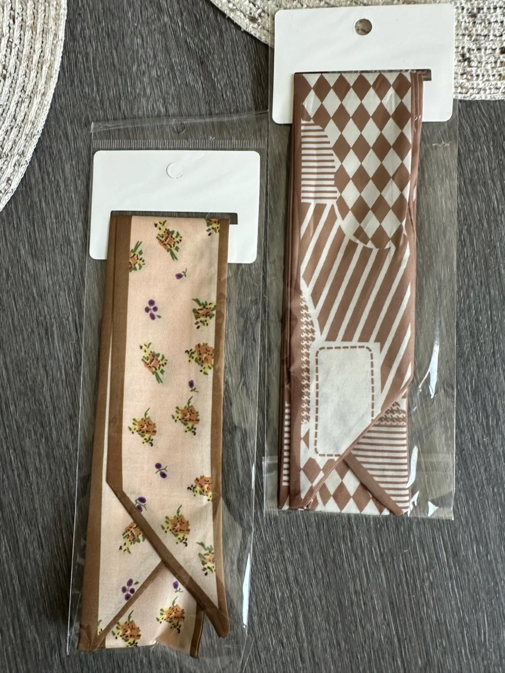 Mint NWT Twilly Autumn Bag Scarf Set of 2 Brown & Cream Floral & Geometric